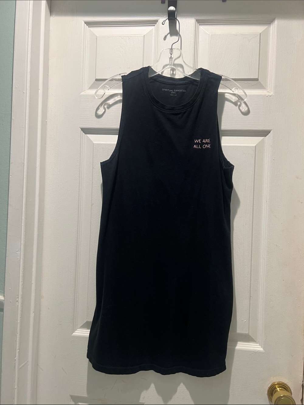 Spiritual Gangster Black Sleeveless Tank Dress with "We Are All One" Embroidery